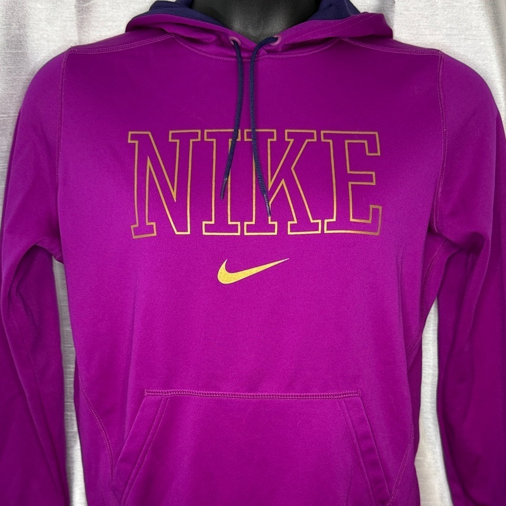 Nike Therma-Fit Hoodie Women’s L Magenta Gold SpellOut Kangaroo Pouch Just Do It